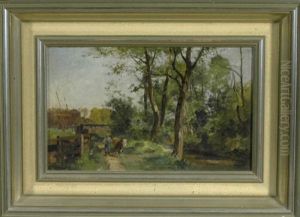 Sommerliche Flusslandschaft Mit Bauer Und Rind Auf Dem Heimweg by Karl Adam Heinisch