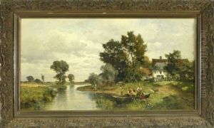 Landliche Idylle Am Fluss (bootsausflug Einer Familie, Der Vater Angelnd Am Ufer) by Karl Adam Heinisch