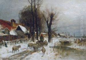 A Winterly Landscape With A Cottage And A Flock Of Sheep A Winterly Landscape With A Cottage And A Flock Of Sheep
