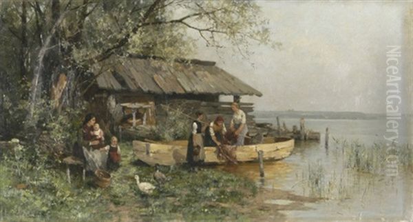 Uferlandschaft Mit Boot Und Fischerfamilie - view 1