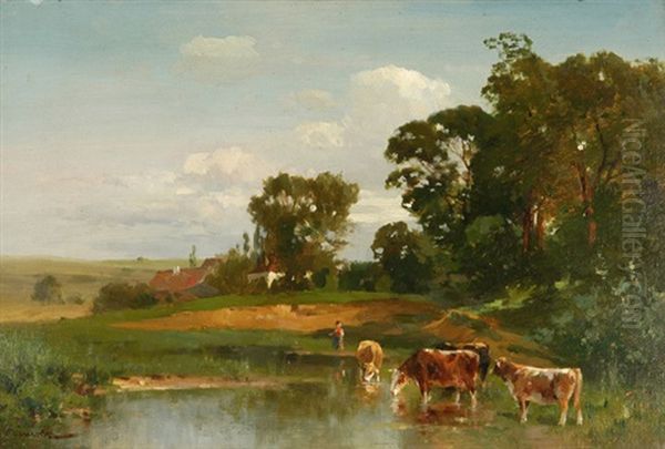 Baumbestandene Teichlandschaft Mit Kuhen, Im Hintergrund Ein Bauernhaus - view 1