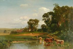 Baumbestandene Teichlandschaft Mit Kuhen, Im Hintergrund Ein Bauernhaus by Karl Adam Heinisch