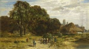 Bauern Mit Heufuhrwerk Vor Dem Dorf