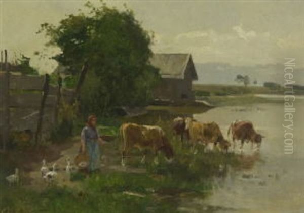 Magd Mit Kuhen Und Gansen Am Seeufer - view 1