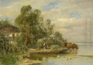 Bauern Beim Verladen Von Heu Am Seeufer by Karl Adam Heinisch