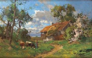 Ein Fruhlingstag Am Bauernhof by Karl Adam Heinisch