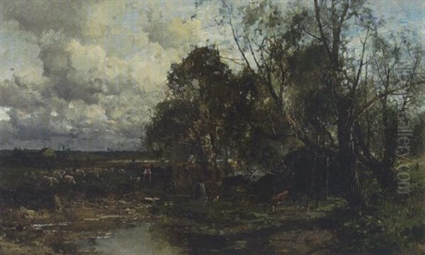 Schafhirte Mit Magd Und Herde Am Teich - view 1