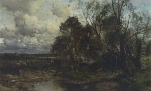 Schafhirte Mit Magd Und Herde Am Teich