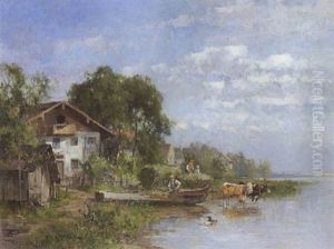 Fischerhauser Am Seeufer (am Chiemsee?) by Karl Adam Heinisch