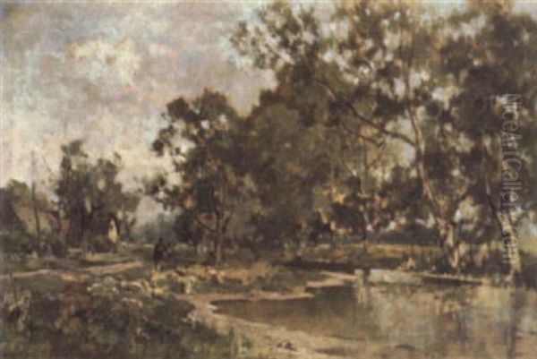 Figures Tending The Flock By The River - view 1