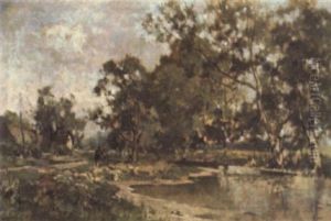 Figures Tending The Flock By The River by Karl Adam Heinisch