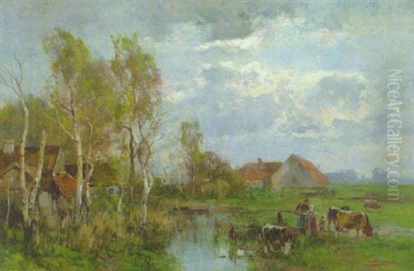 Bauerin Mit Kindern Und Vieh Auf Dem Steg Vor Dem Teich - view 1
