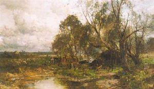 Bauern Mit Schafen In Moorlandschaft by Karl Adam Heinisch