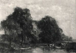 Kuhe An Der Tranke Am Stillen Weiher by Karl Adam Heinisch