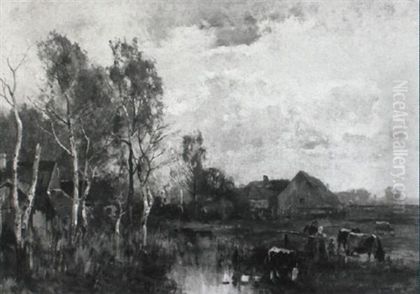 Fluslandschaft Mit Bauerin, Kindern Und Kuhen - view 1