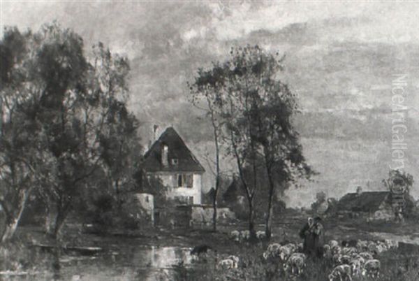 Schaferpaar Mit Seiner Herde Am Wasser - view 1