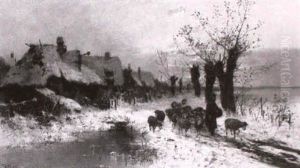 Abendstimmung Uber Dem Winterlichen Dorf by Karl Adam Heinisch