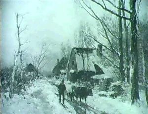 Bauer Mit Kuh Und Kalb Auf Verschneiter Dorfstrasse An Einemwinterabend