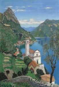 Blick Auf St. Marnett Am Luganer See Mit Der Kirche Von Albogasio
