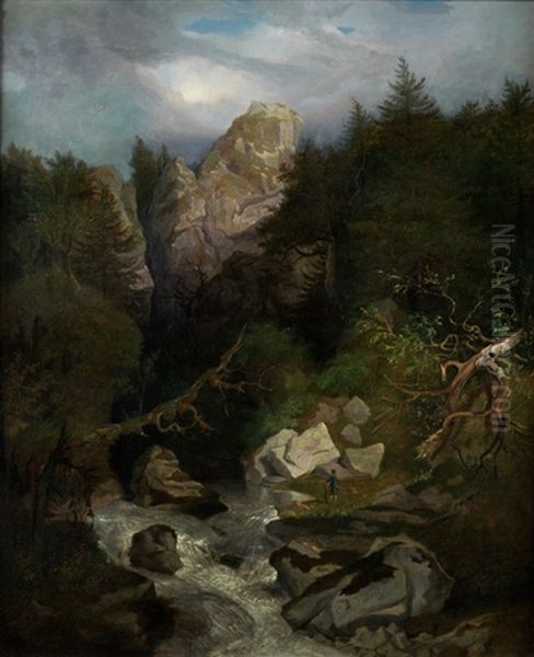 Gebirgslandschaft Mit Fluss Und Wanderer - view 1