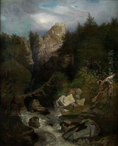 Gebirgslandschaft Mit Fluss Und Wanderer by Heinrich Heinlein