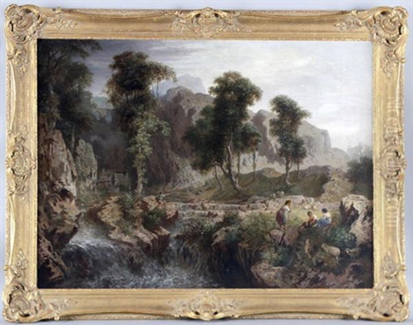 Bergige Italienische Landschaft Mit Hirten An Einem Wasserfall - view 1