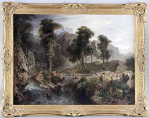 Bergige Italienische Landschaft Mit Hirten An Einem Wasserfall by Heinrich Heinlein