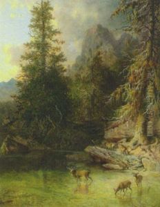 Hirsch Und Hirschkuhe An Der Tranke An Einem Teich Im Gebirge by Heinrich Heinlein