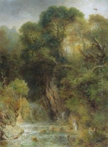 Drei Monche Beim Angeln Am Wasserfall Drei Monche Beim Angeln Am Wasserfall