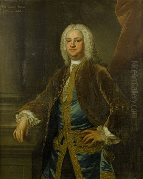 Portrait Of Sir Edward Dering, In A Gold Velvet Coat, A Blue Embroidered Waistcoat And A White Chemise, Standing Before A Red Curtain - view 1