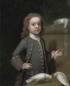 Portrait Of Master Harry Spark Patterson (1725-1764) In A Grey Coat, Feeding Three Doves On A Ledge