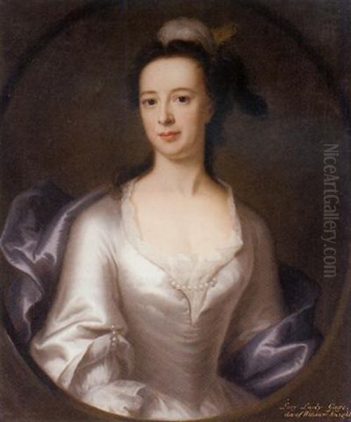 Portrait Of Lucy, Lady Gage, Daughter Of William Knight, In An Oyster Satin Dress And Blue Wrap, With A Feathered Headdress - view 1