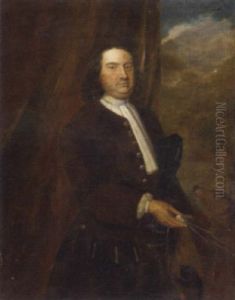 Portrait Of A Gentleman In A Brown Coat And White Stock, A Tricorn Under His Arm, A Dog By His Side