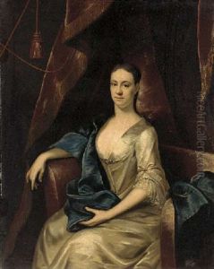 Protrait Of Rebecca Branthway In A White Satin Dress And Blue Wrap In A Draped Interior by John Theodore Heins Sr.