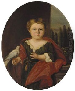 Portrait Of Mary Dudgeon In A Green Dress And Red Wrap, A Pigeon Perched On Her Right Hand, A Landscape Beyond