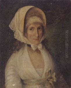 Portrait Of Mrs. James Beevor In A White Dress With A Green Sash And A White Lace Bonnet