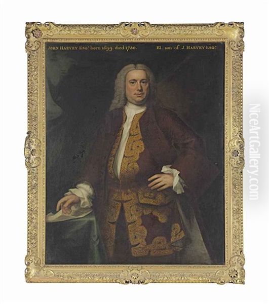 Portrait Of John Harvey (1699-1750), Three-quarter-length, In A Brown Coat And Gold Embroidered Waistcoat, Beside A Green Draped Table With A Letter - view 1
