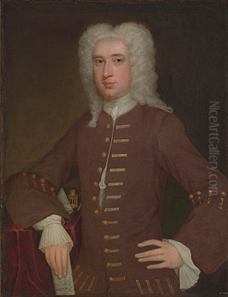 Portrait Of A Gentleman, In A Plum Coat, Holding A Letter And Leaning On A Table With Writing Instruments - view 1