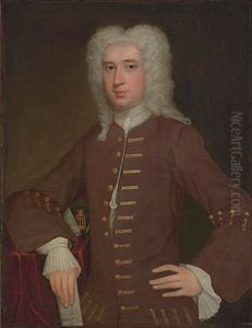 Portrait Of A Gentleman, In A Plum Coat, Holding A Letter And Leaning On A Table With Writing Instruments by John Theodore Heins