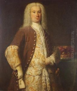 Portrait Of A Nobleman, Three-quarter-length, In A Brown Coat And Gold And Silver Embroidered Waistcoat, Standing Beside A Baron's Coronet On A Table by John Theodore Heins