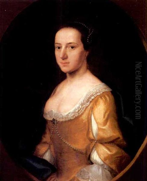 Portrait Of A Lady (dorothy Wiggert?) Wearing A Yellow Dress With Pearl Decoration, A Blue Shawl Around Her Shoulders - view 1