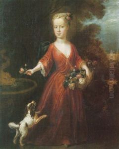 Portrait Of A Girl In A Red Dress, Holding A Basket Of Flowers, A Spaniel At Her Side