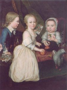 Portrait Of A Boy Holding Playing Cards Beside Two Girls With A Still Life Of Apples, Shells, A Rose, And A Grey Parrot In An Interior by John Theodore Heins