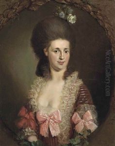 Portrait Of A Lady, Half Length, In A Dress Embroidered With Bows, Flowers In Her Hair, In A Feigned Oval Of Oak Leaves