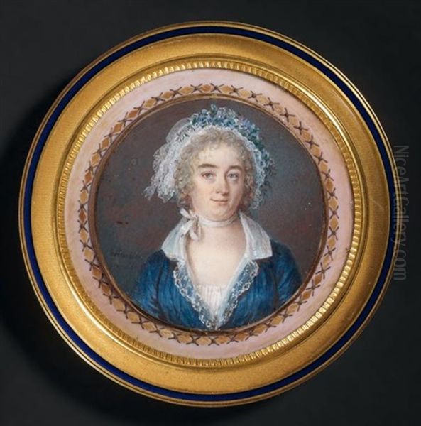 Portrait D'une Femme En Robe De Soie Bleue, Coiffee D'un Bonnet De Dentelle Orne De Fleurs - view 1