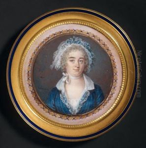 Portrait D'une Femme En Robe De Soie Bleue, Coiffee D'un Bonnet De Dentelle Orne De Fleurs