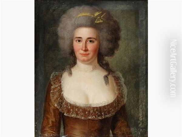 Portrait En Buste D'une Femme De Qualite, En Robe Brune A Col De Dentelles Brodees De Fleurettes, Un Ruban Jaune Noue Dans Sa Chevelure Bouffante - view 1