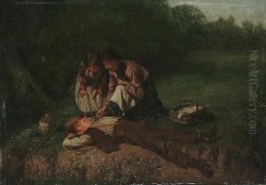 Children Relaxing By A Riverbank by J.O. Banks