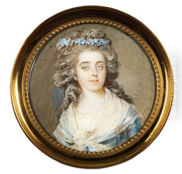 Portrait De La Princesse De Lamballe Vetue D'une Robe De Soie Bleue Portant Une Couronne De Myosotis Et Un Fi Chu De Linon Blanc Sur Les Epaules - view 1