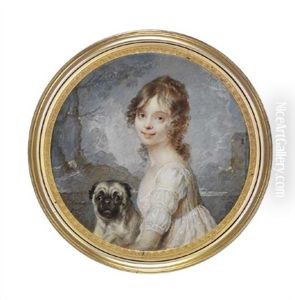 A Girl, In A White Dress Holding A Pug Dog, With A Landscape Background
